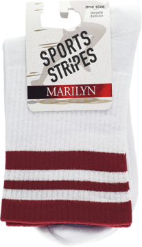 Białe damskie skarpetki Marilyn Sports Stripes, jeden rozmiar, z bordowymi paskami. Widok z przodu.