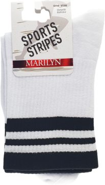 Białe damskie skarpetki Marilyn Sports Stripes z trzema czarnymi paskami, złożone, z metką produktu na wierzchu.