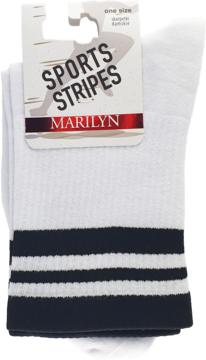 Białe damskie skarpetki Marilyn Sports Stripes z trzema czarnymi paskami, złożone, z metką produktu na wierzchu.