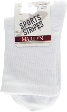 Białe skarpetki damskie Marilyn Sports Stripes, złożone, z metką „one size” i czerwonym logo. Widok z przodu.