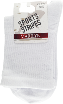 Białe skarpetki damskie Marilyn Sports Stripes, złożone, z metką „one size” i czerwonym logo. Widok z przodu.