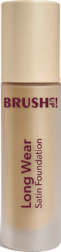 Pionowa butelka beżowego podkładu Brush Up Long Wear Satin Foundation z fioletowym napisem, widok z przodu.