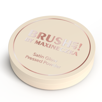 BRUSH! BY MAXINECZKA Satin Glow Pressed Powder, beżowa okrągła puderniczka z różowozłotym napisem, z góry.