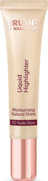 Nawilżający Liquid Highlighter BRUSH! 02 Nude Glow, beżowa tubka z różowozłotą nakrętką, widok z przodu.