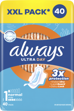 Duże, niebiesko-żółte opakowanie podpasek Always Ultra Day Normal, 40 sztuk, z napisem 3x ochrona.