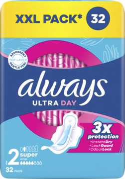 Opakowanie Always Ultra Day Super pads (rozmiar 2), 32 szt., XXL Pack. Niebiesko-żółte z tekstem 3x protection.