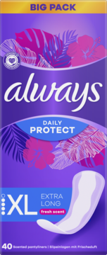 Fioletowe opakowanie Always Daily Protect XL Extra Long fresh scent, z liśćmi, 40 sztuk. Widok z przodu.