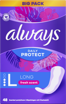Always Daily Protect Long wkładki higieniczne, 48 szt., fresh scent. Fioletowo-niebieskie pudełko z tropikalnym wzorem i wkładką.