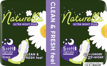 Dwa opakowania Naturella Ultra Night Plus, zielone z rumiankami, 12 podpasek na noc, dla czystości i ochrony.