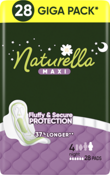 Naturella Maxi Night Giga Pack, 28 podpasek, ciemnozielone opakowanie z fioletowym pikowaniem, widok z przodu.