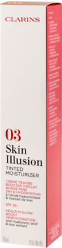 Clarins Skin Illusion Tinted Moisturizer 03, białe opakowanie z czerwonymi napisami, SPF 25, nawilżający, widok z przodu.