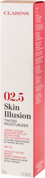 Clarins Skin Illusion 02.5, krem koloryzujący z kwasem hialuronowym, SPF 25. Białe pudełko, widok pod kątem.