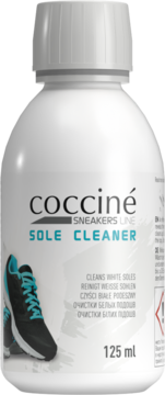 Biała butelka Coccine Sole Cleaner 125 ml do sneakersów, z grafiką czarnego buta, widok z przodu.
