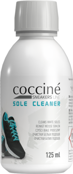 Biała butelka Coccine Sole Cleaner do sneakersów, z turkusowymi napisami i butem, widok z przodu, 125 ml.