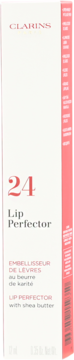 Białe opakowanie Clarins Lip Perfector nr 24 Fuchsia Glow z masłem shea, widok z przodu.