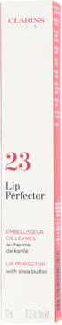 Clarins Lip Perfector 23 z masłem shea, widok z przodu pionowego jasnoróżowego opakowania.