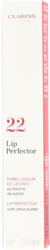 Clarins Lip Perfector 22 with shea butter, front view of its upright white and light pink box packaging.