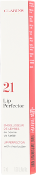 Clarins Lip Perfector 21 z masłem shea, białe opakowanie kartonowe z różowym bokiem.