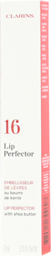 Clarins Lip Perfector nr 16 z masłem shea w pionowym białym opakowaniu z różowo-czerwonym paskiem.