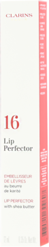 Clarins Lip Perfector nr 16 z masłem shea w pionowym białym opakowaniu z różowo-czerwonym paskiem.