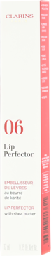 Clarins Lip Perfector 06, Embellisseur de Lèvres with shea butter, white box with red text, angled front view.