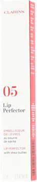 Clarins błyszczyk Lip Perfector 05 z masłem shea, widok z przodu białego opakowania z czerwonymi detalami.