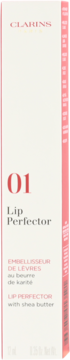 Clarins Lip Perfector 01 z masłem shea w jasnoróżowym kartonie. Widok z przodu opakowania produktu.