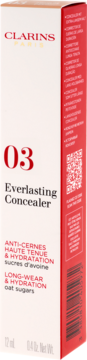 Białe opakowanie korektora Clarins Everlasting Concealer 03 z czerwonymi napisami, widok z przodu i boku.