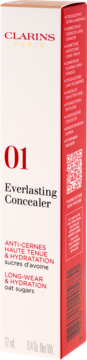 Korektor pod oczy Clarins Everlasting Concealer 01, białe pudełko, widok przód-bok, opis long-wear.