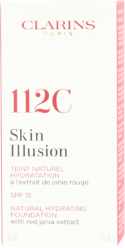 Białe pudełko podkładu Clarins Skin Illusion 112C, naturalnie nawilżającego, SPF 15, widok z przodu.