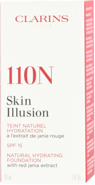 Biały kartonik podkładu Clarins Skin Illusion 110N. Naturalny nawilżający podkład z filtrem SPF 15, widok z przodu.