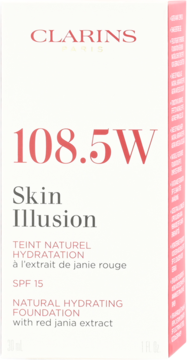 Białe opakowanie nawilżającego podkładu Clarins Skin Illusion 108.5W, SPF 15, widok z przodu.