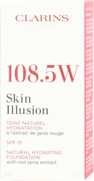 Białe opakowanie nawilżającego podkładu Clarins Skin Illusion 108.5W, SPF 15, widok z przodu.