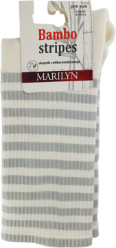 Złożone skarpetki Marilyn Bambo stripes: białe w szare paski, wykonane z włókna bambusowego, widok z przodu.