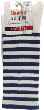 Skarpetki damskie Marilyn Bambo stripes z włókna bambusowego, biało-granatowe w poziome paski, widok z przodu.