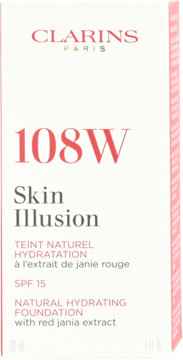Białe opakowanie podkładu Clarins Skin Illusion 108W, z różowymi detalami i napisem SPF 15.