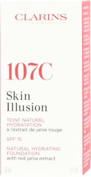 Clarins Skin Illusion 107C, nawilżający podkład z SPF 15, w białym pudełku, widok z przodu.