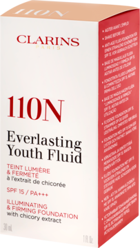 Podkład Clarins Everlasting Youth Fluid 110N, biały kartonik, widok z przodu, czerwone logo i numer odcienia.