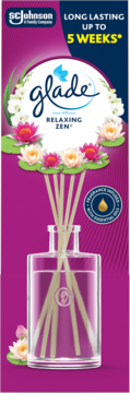 Glade Relaxing Zen reed diffuser, magenta packaging, purple liquid, reeds & water lilies, lasts 5 weeks.