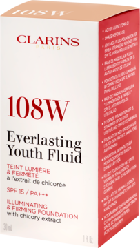 Clarins Everlasting Youth Fluid 108W, rozświetlający podkład w białym pudełku, widok pod kątem, z boku tekst i SPF15.