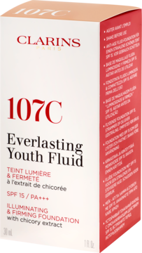 Pudełko Clarins Everlasting Youth Fluid 107C, podkład rozświetlający i ujędrniający z filtrem SPF 15, widok pod kątem.