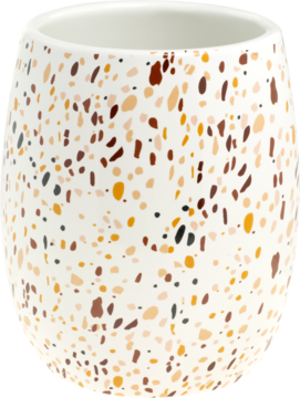 Kubek DECOR Ewa Schmitt, biały z wzorem terrazzo w odcieniach brązu, pomarańczu i czerni, widok z boku.