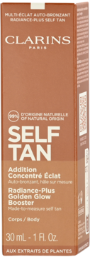 Clarins Self Tan koncentrat samoopalający do ciała, brązowe pudełko, 99% naturalnego pochodzenia, widok z przodu.