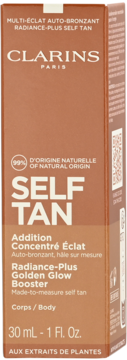 Clarins Self Tan koncentrat samoopalający do ciała, brązowe pudełko, 99% naturalnego pochodzenia, widok z przodu.