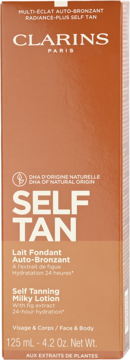 Clarins Self Tan Milky Lotion, brązowe pudełko, widok z przodu. Samoopalacz do twarzy i ciała z ekstraktem z fig.