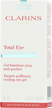 Clarins Total Eye Contour Gel w białym pudełku, widok z przodu, tekst o chłodzącym działaniu.