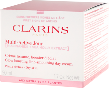 Clarins Multi-Active Jour, krem na dzień dla skóry suchej, w białym pudełku z różowymi detalami, widok z przodu pod kątem.