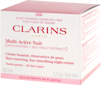 Krem na noc Clarins Multi-Active Nuit z niacynamidem, 50ml, w białym pudełku, widok z przodu.