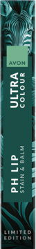 Avon Ultra Colour PH Lip Stain & Balm: teal green limited edition box, front view with white vertical text.