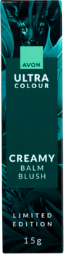 Avon Ultra Colour Creamy Balm Blush, ciemnozielone opakowanie z rysunkiem zwierzęcia i liści, widok z przodu, 15g.